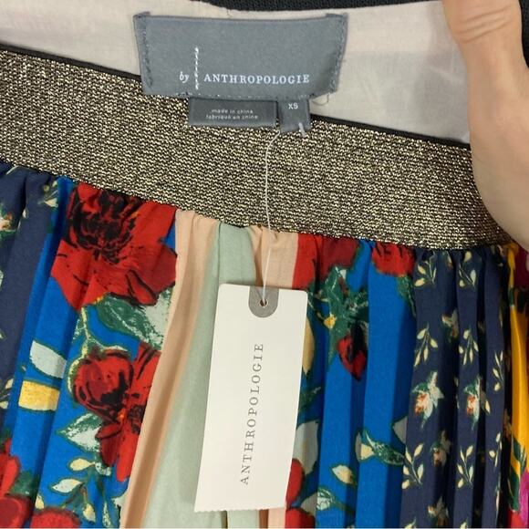 New Anthropologie Pant XS Floral Colorblock Pleated Wide PullUp Gold Waist Lined - Picture 6 of 15